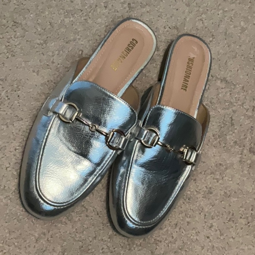 Sleek Silver Mules with Flat Sole and Decorative Buckle